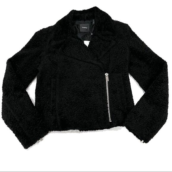 Theory Slim Moto Zip Jacket in Black Embossed Faux Fur Size 0 NWT - Picture 10 of 16